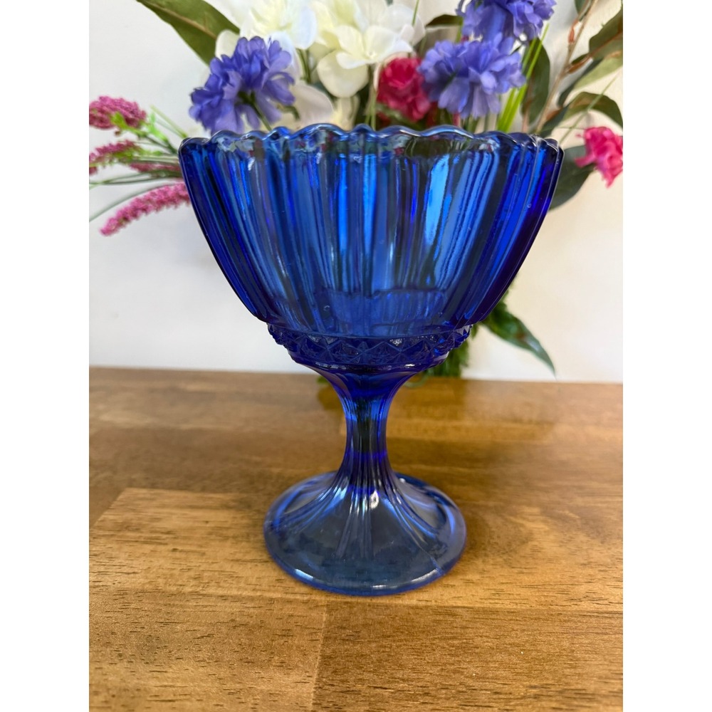 Vintage Cobalt Blue Pressed Glass Pedestal Compote Scalloped Candy Dish